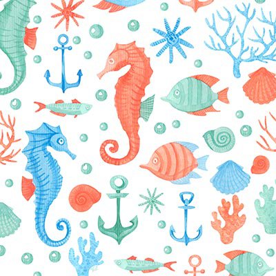 Watercolor fishes, shells, corals and anchors