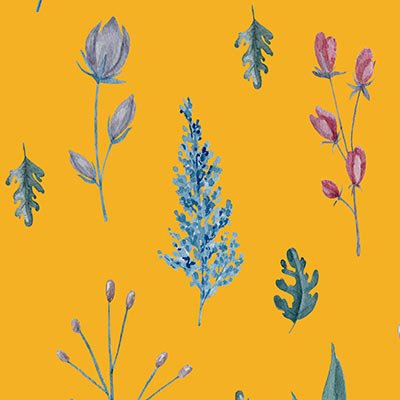 Watercolor flowers, branches and leaves on yellow