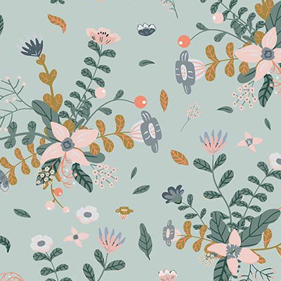 Flower bouquets and leaves on blue