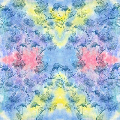 Abstract line art flowers on watercolor